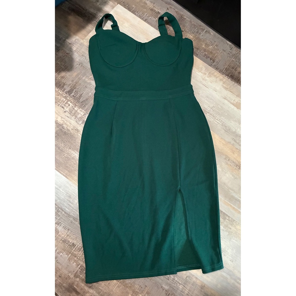 Dark Green Bustier Bodycon Midi Dress Side Slit XL Sleeveless Sheath Cocktail